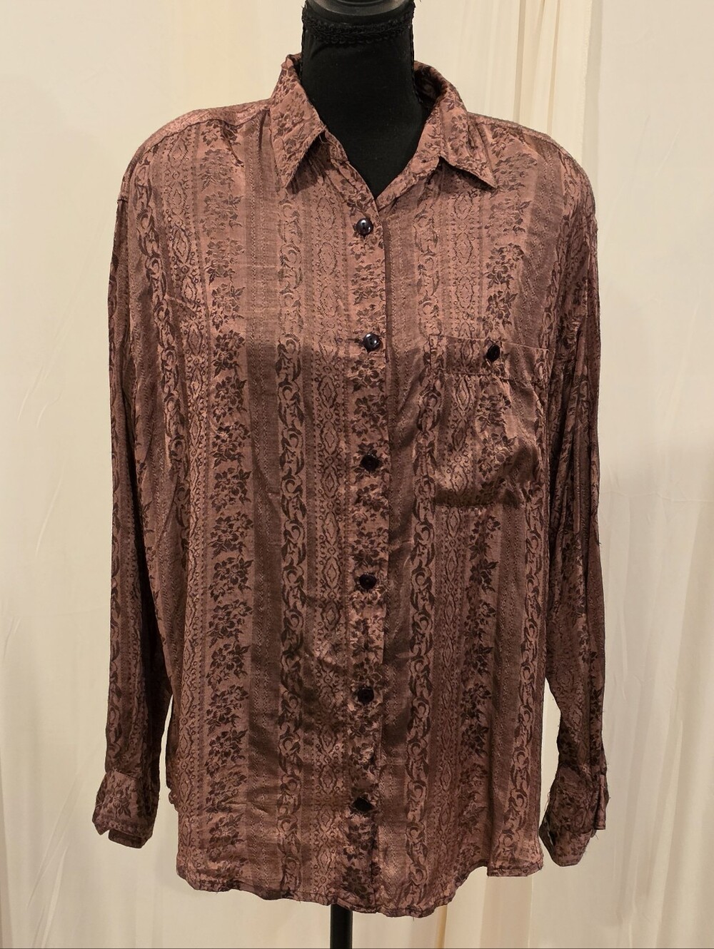 VTG 90s Paris Sport Club Rayon Brocade Stripe Button Down Blouse Mauve Top M